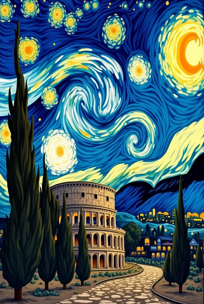 Recreate Vincent van Gogh's 'Starry Night', replacing the cypress in the composition with a Colosseum. Keep the same cypress color palette for the Colosseum, so that the Colosseum integrates harmoniously into the scene, maintaining the atmosphere and details of the original work