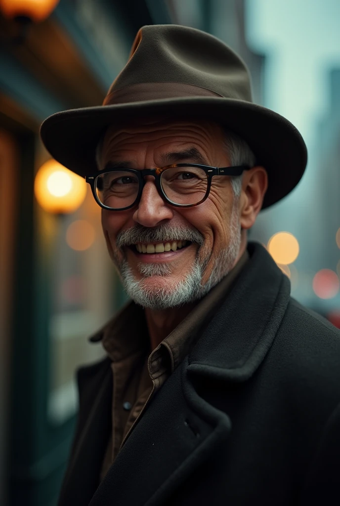 Guy with glasses tilting his hat towards the camera