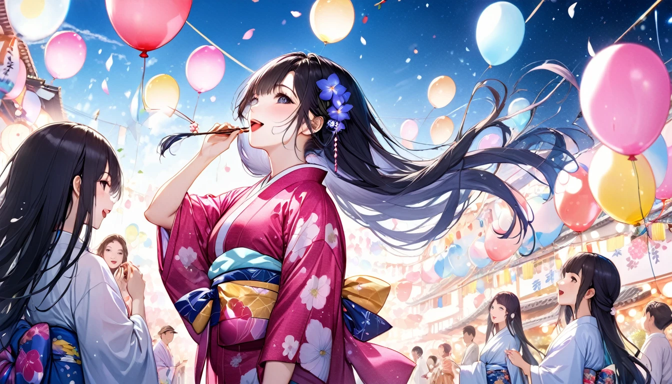 Panorama, Low - Angle, Japanese Festivals, Black hair is the easiest to grow、Very long hair (Girl, Beauty, Moisture in Every Detail), (Glossy pink lip, Open your mouth, Smile), Wearing a very beautiful yukata with double exposure morning glories) break, Night summer festival dance event, Many small prayer paper balloons in the background, break, Perfect Anatomy, masterpiece, Highest quality, 16K, Beautiful details night, Utopian performance.
