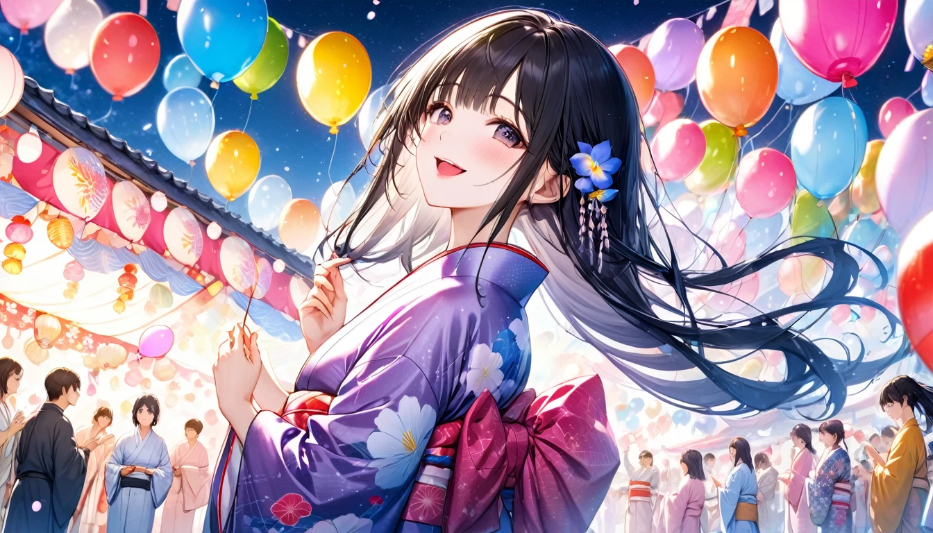 Panorama, Low - Angle, Japanese Festivals, Black hair is the easiest to grow、Very long hair (Girl, Beauty, Moisture in Every Detail), (Glossy pink lip, Open your mouth, Smile), Wearing a very beautiful yukata with double exposure morning glories) break, Night summer festival dance event, Many small prayer paper balloons in the background, break, Perfect Anatomy, masterpiece, Highest quality, 16K, Beautiful details night, Utopian performance.