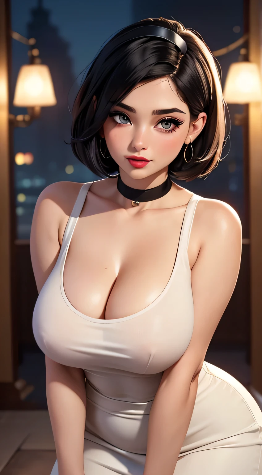 Amazing portrait of a woman who is 30 years old and an adult and a sexy woman with a beautiful face emphasized by amazing makeup and beautifully detailed eyes with perfect lips wearing her short black hair in a bob with a white hairband blushing intensely as she's flustered and lustful wearing some elegant earrings and a black sleeveless sweater accentuating her medium chest paired with a cream skirt that accentuates her thick curvy body making her look hot with vibrant colors and soft lighting during night time with soft lighting showcasing her red lips and her beautiful face in detail and close up 