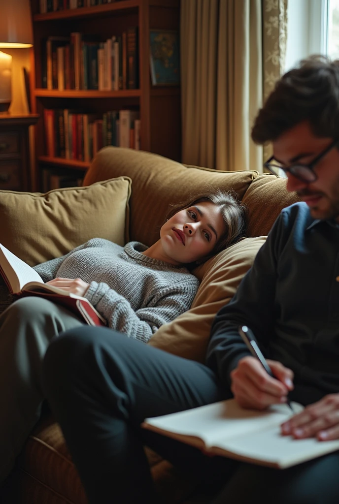 a person lying on a couch, with another person sitting next to them taking notes in a room with books