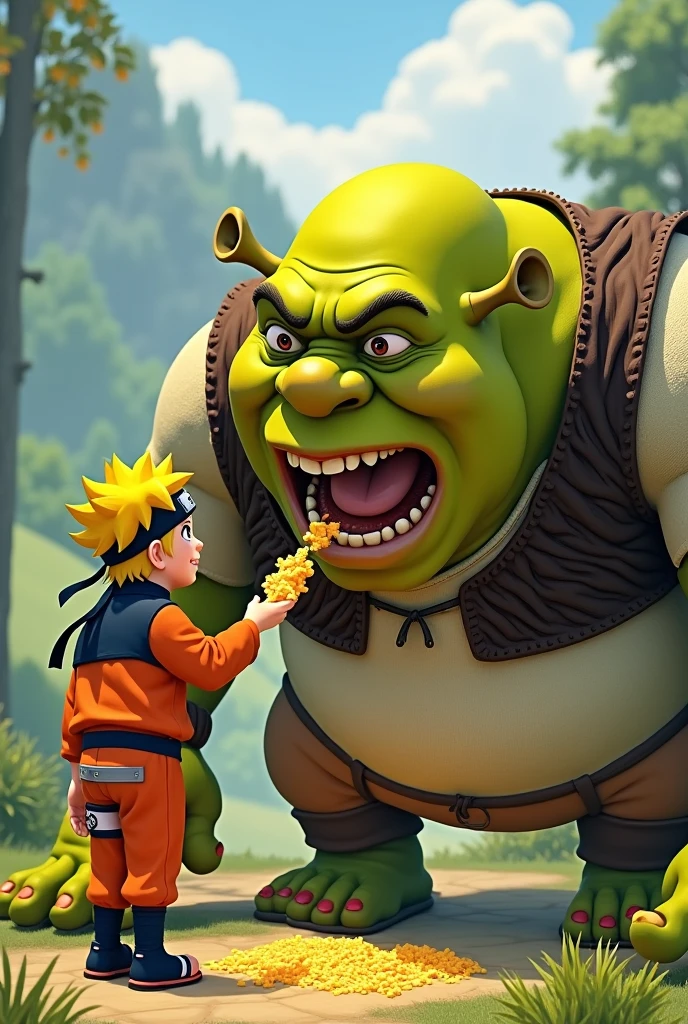 Adult Naruto, giving grated cheese to sherek's mouth