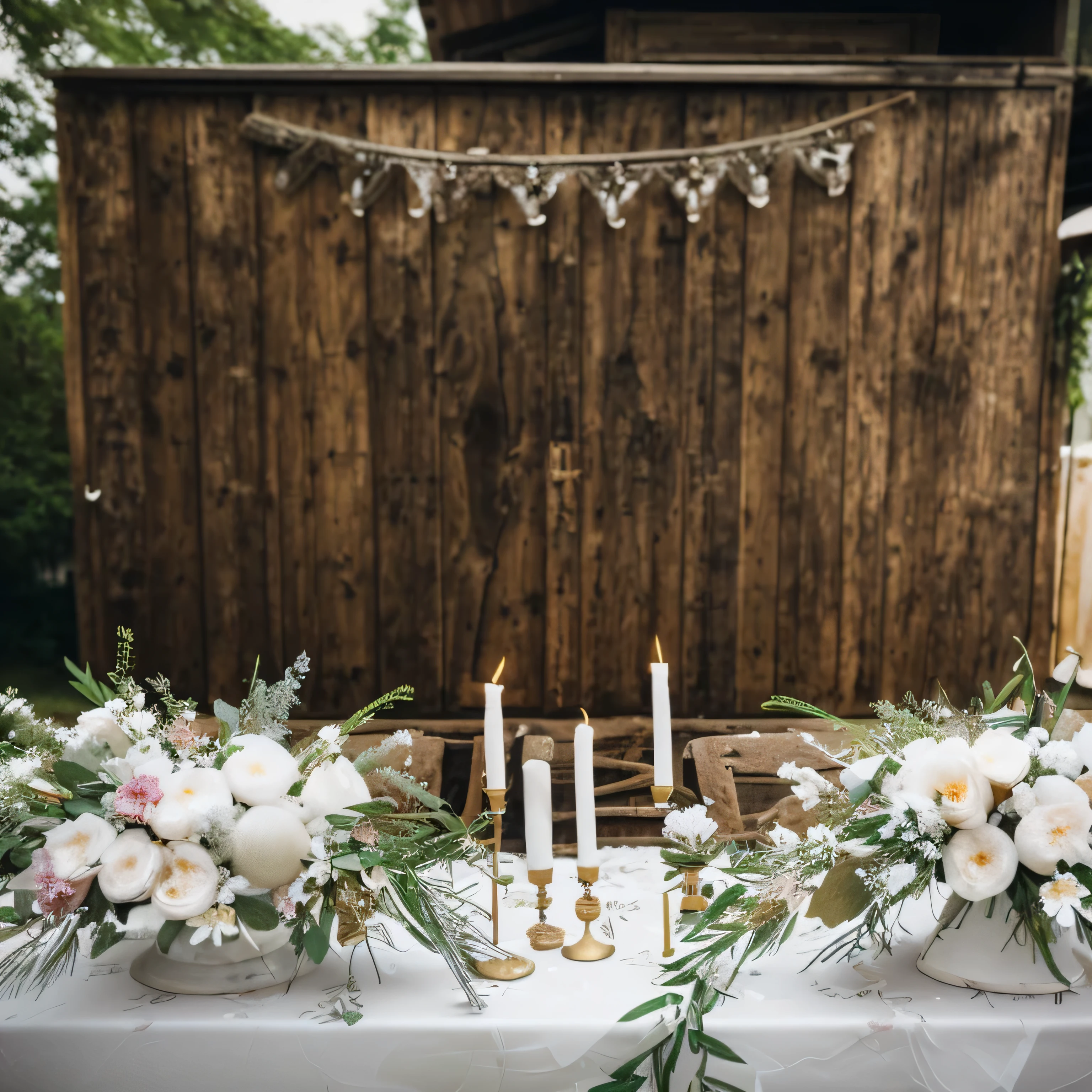 Close-up of a table,There are candles and flowers on it, rustic, rustic setting, romantic greenery, background, floral decorations, white candle, background, Ethereal and dreamy theme, centerpiece symmetry, centerpiece, DIY, moody environment, lights and flowers, White tablecloth, White table, floral painted background, Decorate with flowers, beautiful atmosphere, Transparent background