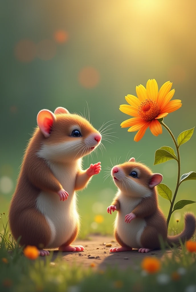 A Hamster pointing at a colorful flower while an Otter watches it.