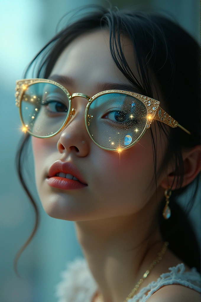 The model is wearing glass sunglasses with stars and the moon on the glass