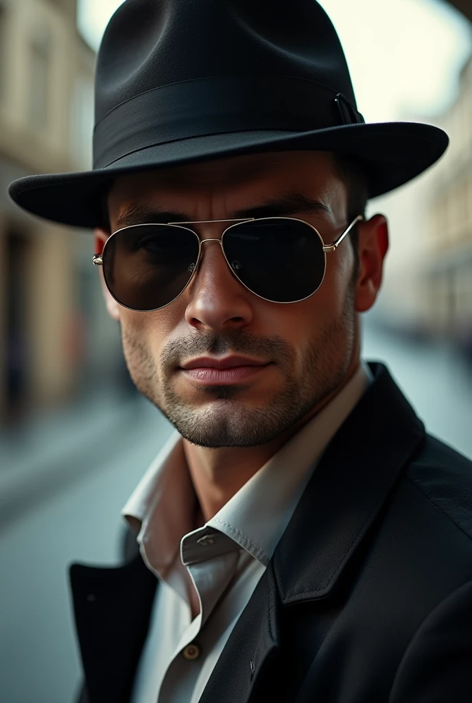 Guy with sun glasses tilting his hat towards the camera
