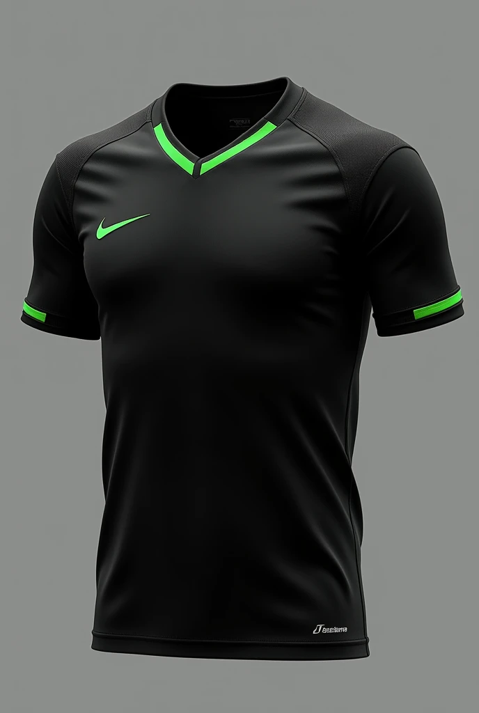 Generate a men&#39;s soccer jersey, negro, short sleeve, and V-neck, Paint the collar and the fabric at the end of the sleeves green 