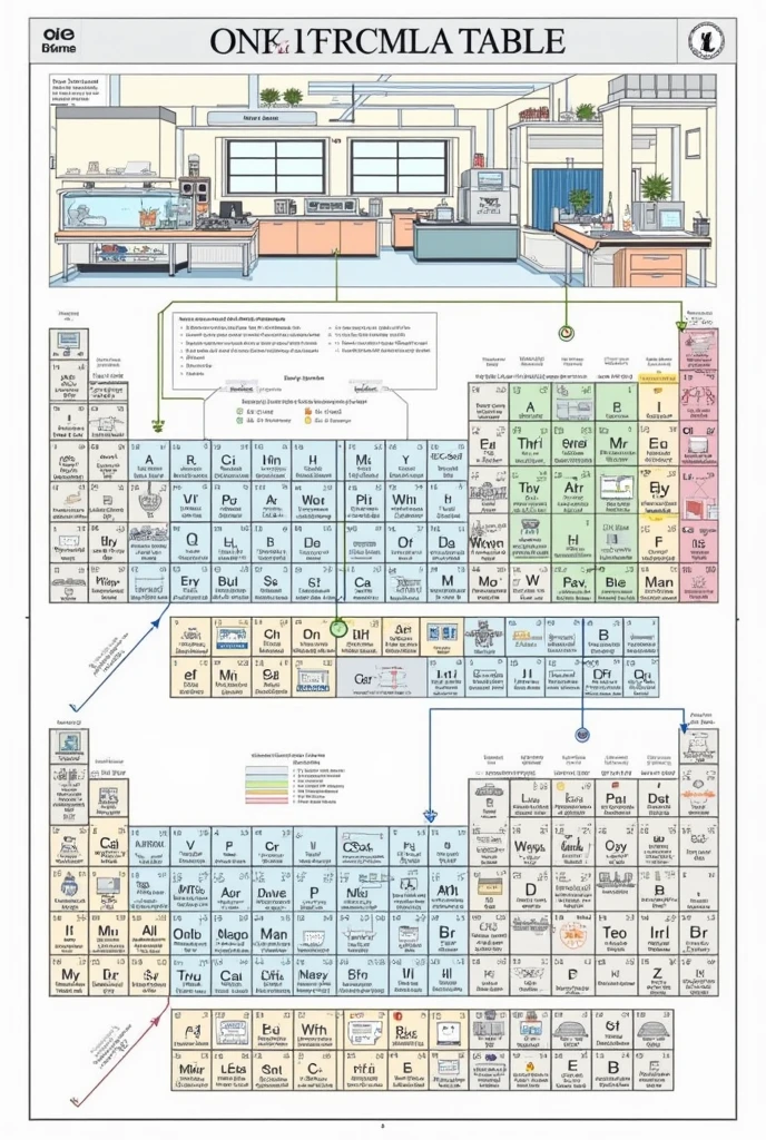 Make me a diagram, either with drawings or arrows, of the procedure and precautions on a chemical laboratory and the periodic table topic. 