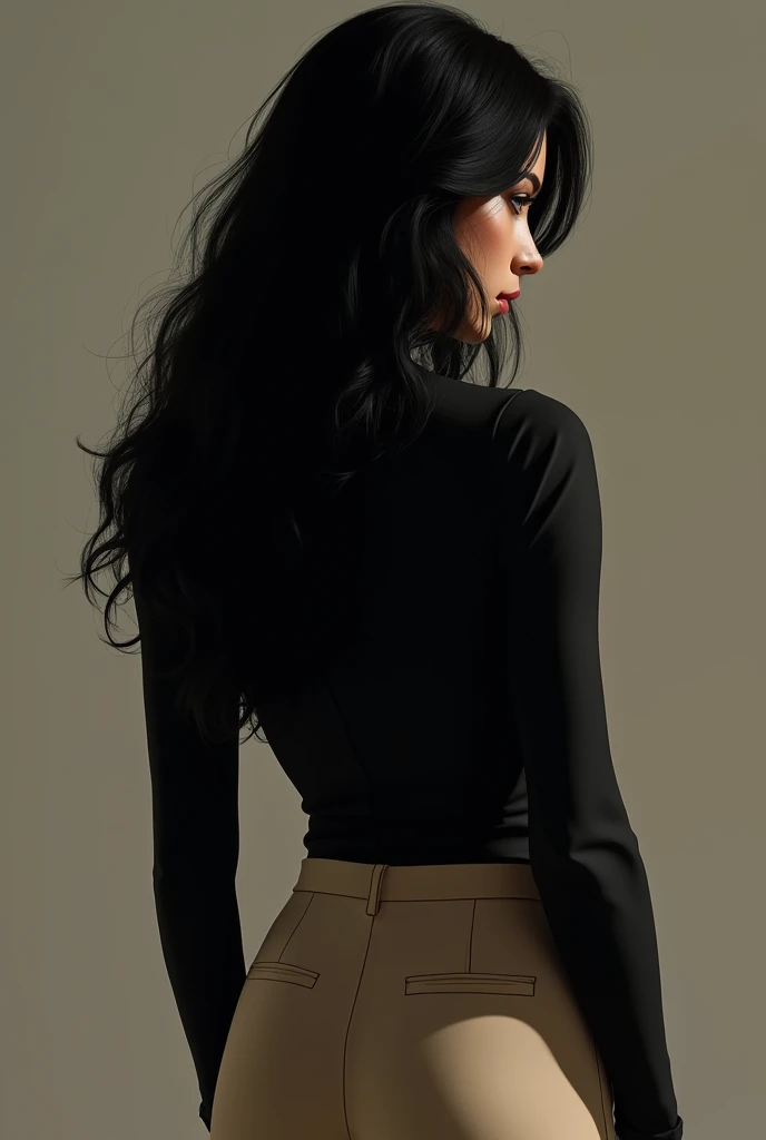 Create a black hair on the back, with beige pants and black blouse hugging Jesus