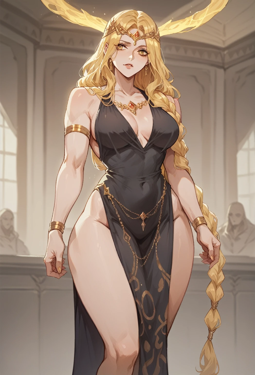 NSFW, A woman in provocative royal robes, modest bust and a narrow waist, increadibly long golden hair and gold eyes, Royaly, Queen, Queen Marika the eternal