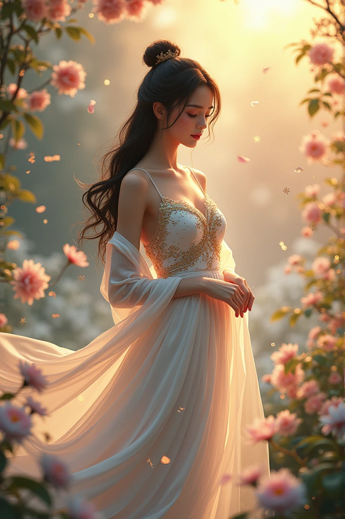 In the wind of the evening stars, of the evening stars, blowing small white flower petals, full-body picture of a beautiful, sweet young woman, 25 years old, wearing a Thai Dusit dress, white with a blue-gold sparkle, wearing a gold sarong, a white silk shawl, glowing and shimmering, with long black hair, tied up loosely. The scene is beautiful like a dream, a jasmine garden scene, white, pink, glowing and shimmering light, 3D picture, oil painting, sharp picture.