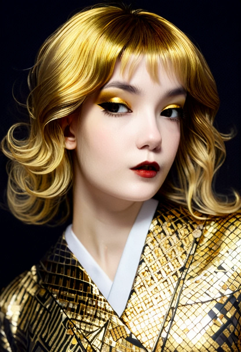 Artwork by (((Victo Ngai) and Arturo Souto) and Artur Nikodem) and Hajime Sorayama, (chiaroscuro:2), low-key, dark shallow depth of field, 20 year old pale blonde girl, (gold, golden, golden hair:2), gold patterns, gold everywhere, painting