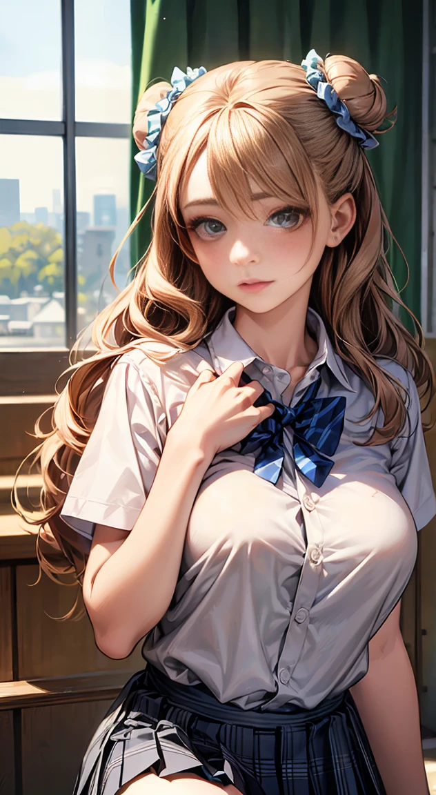 (masterpiece:1.2, Highest quality), (Realistic, photoRealistic:1.4), Beautiful illustrations, 
Looking at the audience, whole body, Front view:0.6, 
1 girl, Japanese, high School girl, (Long Hair:1.5), Hair fluttering, ((Hair Bun:1.5)), bangs, Hair between the eyes, Big Breasts:0.8, 
Beautiful Hair, Beautiful Face, Beautiful and detailed, Beautiful clavicle, Beautiful body, Beautiful breasts, Beautiful thighs, Beautiful legs, Beautiful fingers, 
(Beautiful views), , School,
((Collared short-sleeved shirt, White shirt, , Grey plaid pleated skirt, Blue checked bow tie)), White panties, 
(Are standing, , Lift up the skirt, Grab the hem of your skirt, please put your hand on your chest, Place your hands between your legs), 
blush, ,