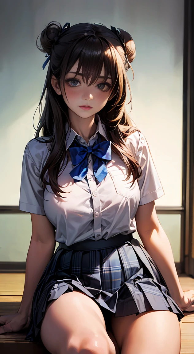 (masterpiece:1.2, Highest quality), (Realistic, photoRealistic:1.4), Beautiful illustrations, 
Looking at the audience, whole body, Front view:0.6, 
1 girl, Japanese, high School girl, (Long Hair:1.5), Hair fluttering, ((Hair Bun:1.5)), bangs, Hair between the eyes, Big Breasts:0.8, 
Beautiful Hair, Beautiful Face, Beautiful and detailed, Beautiful clavicle, Beautiful body, Beautiful breasts, Beautiful thighs, Beautiful legs, Beautiful fingers, 
(Beautiful views), , School,
((Collared short-sleeved shirt, White shirt, , Grey plaid pleated skirt, Blue checked bow tie)), White panties, 
(Are standing, , Lift up the skirt, Grab the hem of your skirt, please put your hand on your chest, Place your hands between your legs), 
blush, ,