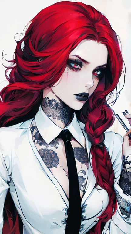 She is an attractive figure of 18-20 years old, Her long red hair provides a vivid contrast to her gothic style. Seus olhos penetrantes, accentuated by dark makeup, and full, defined lips exude a mixture of mystery and indifference. Dressed in a white dress shirt with a loose black tie, her silhouette is distinctly feminine, highlighted by her rounded breasts and firm, sculpted curves. A tattoo adorns your neck, and a cigarette casually held between his fingers adds to his aura of defiance and indifference, painting a portrait of a woman who navigates life by her own rules, full of confidence and power.
