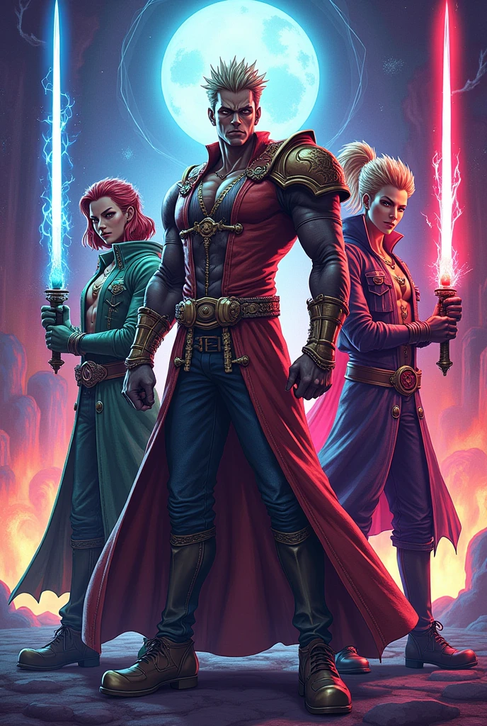 All Terraria classes gathered in a JoJo&#39;s Bizarre Adventure style pose, in a surreal and dynamic setting. Imagine o mago, honey (warrior), o ranger (shooter) e Summoners (summoner) on a vibrant background, with an exaggerated and energetic design. Each class stands in a dramatic, stylized pose, with striking visual effects and an epic atmosphere reminiscent of the battle scenes from JoJo&#39;s, highlighting their unique features and imposing expressions.