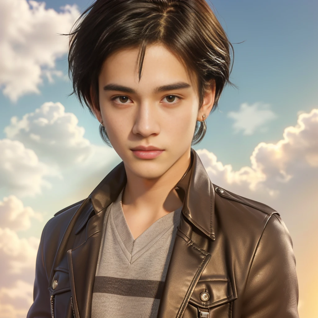 ((Highest quality)), ((Artwork)), (Detailed), ((Perfect Face)), ((whole body)) Perfect Proportions ,He is a handsome student, Powerful, 18-year-old, Bblack hair, Topless School Uniform, Black leather jacket, Put your hands in your pockets, Earrings, there is a background of a Detailed school room with colorful vibe ((Perfect Face)) Detailed scenery