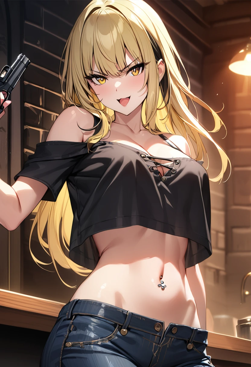 1girl, blonde hair, solo, multicolored hair,  yellow eyes, black hair, long hair, Hot girl, baddie, staring, glaring, bad attitude, mean girl, crazy, smoking, bar background, inside bar, indoor,smile, masterpiece,high quality,4k, bare shoulder,belly,crop top,holding pistol,cleavage,casual dress, bar
background, inside bar, indoor,smile, open mouth, (nsfw) not safe for work, evil expression, exposed
belly, exposed navel, exposed midriff, exposed lower belly, crop top overhang, underboob,jacket,
unbuttoned jeans , low rise black jeans, Low rise jeans, Low rise jeans with open fly, navel piercing