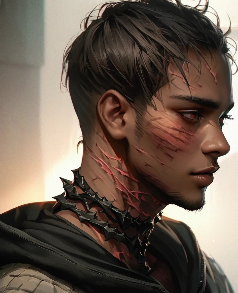 Visable burn scars, hood down, burns on lower face and neck, masterpiece, best quality, realistic, african man, 1man, disfigured, 21 years old, eyes visable, fit, looking worn down, kevlar armor (like swat), 