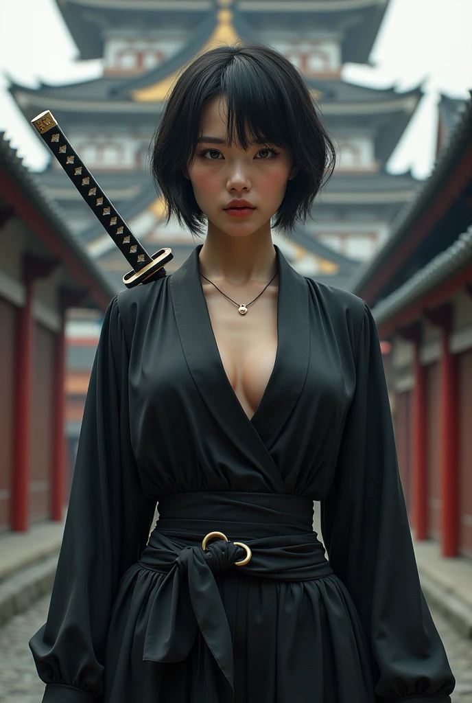 Beautiful woman with short hair and narrow eyes,fair skin, Japan,big breasted and sexy, wearing a tight black shirt and carrying a katana, background kastil Japan