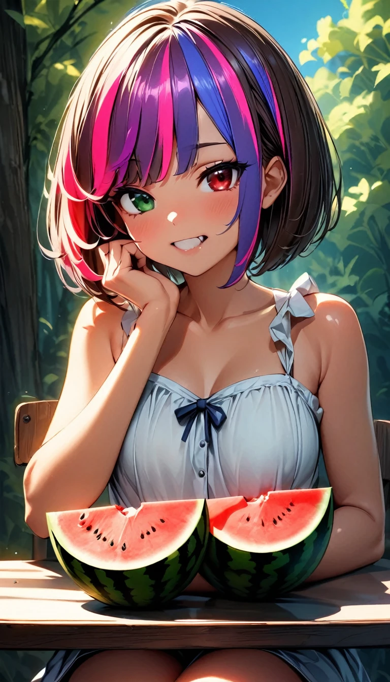(highest quality:1.2, Very detailed, up to date, Vibrant, Ultra-high resolution, High Contrast, masterpiece:1.2, highest quality, Best aesthetics), Portraiture、girl、solo, (25-years-old:1), slim, heterrochromia, green eye, red eye, ((eating watermelon:1)), extra short hair, ((bob cut:1.5))、pink and purple, ((streaked hair:1.9)), (highlights hair: 1.6), sky blue sun dress, (medium breast:0.7), (tan skin:0.5), (happy:1.4), sit on dining table, white birch forest, great outlook, blue sky, Bright colors、Beautiful fine details、Beautiful lip detail、cowboy shot:1