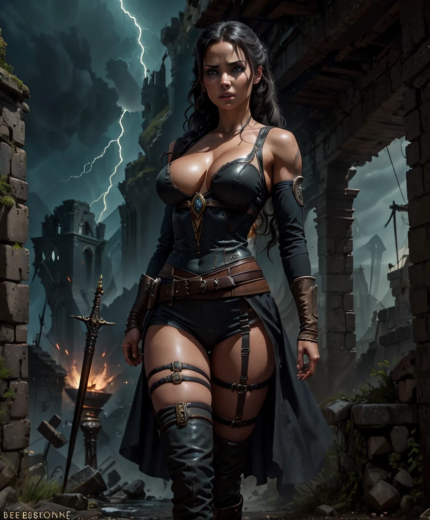 score_9, score_8_up, score_7_up, source_anime, source_explicit, (((1girl))), (((Solo character image.))) This is a fantasy character portrait. (((Looks sultry and wanton.))) (((Looks like a woman who gets what she wants.))) (((Looks like Marie-Claude Bourbonnais as a dark fantasy character.))) Looks like a single character portrait of a sexy, exciting, female adventurer for a high fantasy setting. Her body measurements are 36-24-36. Attractive but sinister female character for a dark fantasy setting. Dark storm rages in background. She looks like a relic hunter. Looks like Lara Croft with blonde hair. Intense, serious adventurer with a string desire for adventure. Darkly attractive. Dressed for a fantasy setting. Dressed for adventure. Background has destroyed medieval city. Medieval city ruins