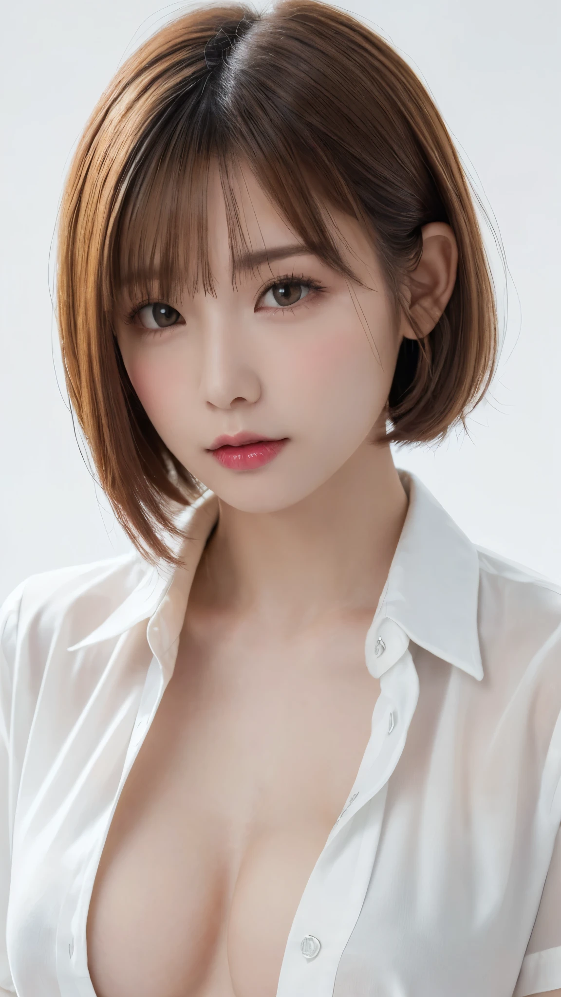 ((Close-up of face:1.6)、((naked and wearing a big collared shirt:1.5))、((No underwear:1.5))、((Small, flat chest:1.7))、((Nipples visible through oversized shirt:1.4))、((Short Bob Cut:1.4))、((Apply beautiful makeup:1.5))、(((amount、Small breasts、Round face、White blonde Hair、beautiful girl、blonde、White Background、cute、young、True Face、Shiny Hair、whole body)))、Tabletop, Highest quality, shape, Very detailed, finely, High resolution, 8k wallpaper, Perfect dynamic composition, finelyて美しい目, Deco Out,blonde, Medium Hair, Small breasts, Natural color lip,White Background,