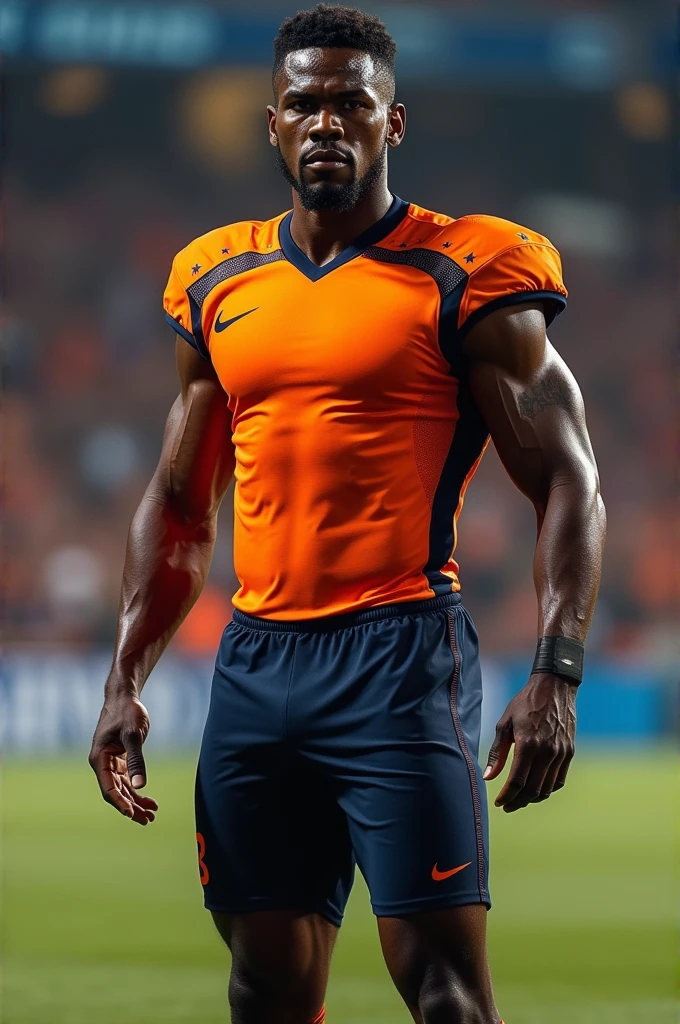 Create a football uniform with orange primary color, dark blue secondary color and black details 