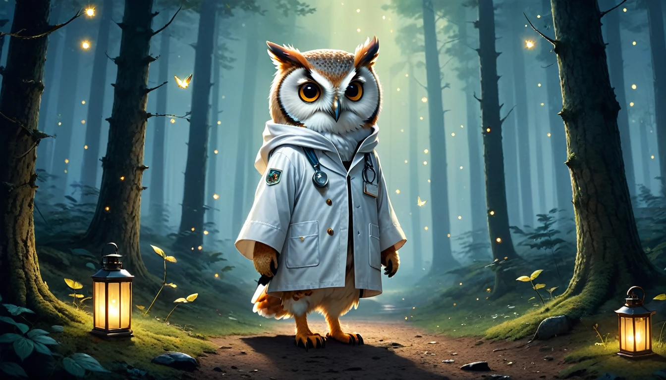 Feel sorry,No Information, (((Cute anthropomorphic animal characters))), Get dressed and walk on two legs, Human-like posture, Cute owl, read, under the tree, Silent forest, night, fireflies glowing,Wearing a doctor's white coat, mystery, Fantasy Art, Fine details, Jean-Baptiste Monge style, Allen Lee Style, Movie Scenes, Dramatic camera angles, Atmospheric particulate matter, Practical, raw cinematic photorealism, action portrait, 8K, detailed, Full frame