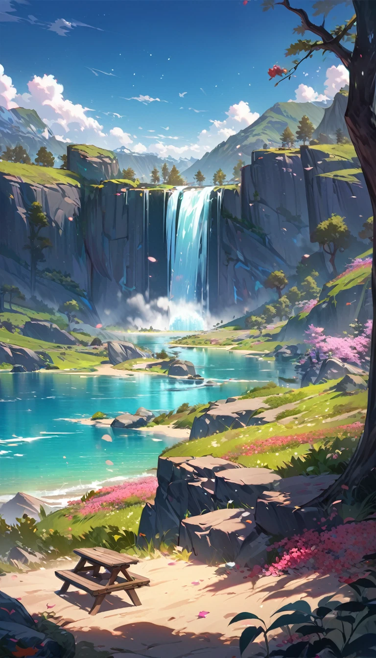 Long desert, sky limpo, cenáRiu, moonligh, stele, high qualiy, anime style artwork, best qualityer, high qualiy, Extremely detailed CG 8k unity wallpaper, paisaje, open air, sky, nube, sky, sin humanos, moutain, paisaje, water, tree, blue sky, waterfall, cliff, naturey, lake, Riu , nubey skies, rewarded photography, bokeh, Depth of field, HDR, blossom, Chromatic aberration, fotorrealism, very detailled, trends on ArtStation, trends at CGSociety, intrikate, high détail, Dramatic, mid-journey art