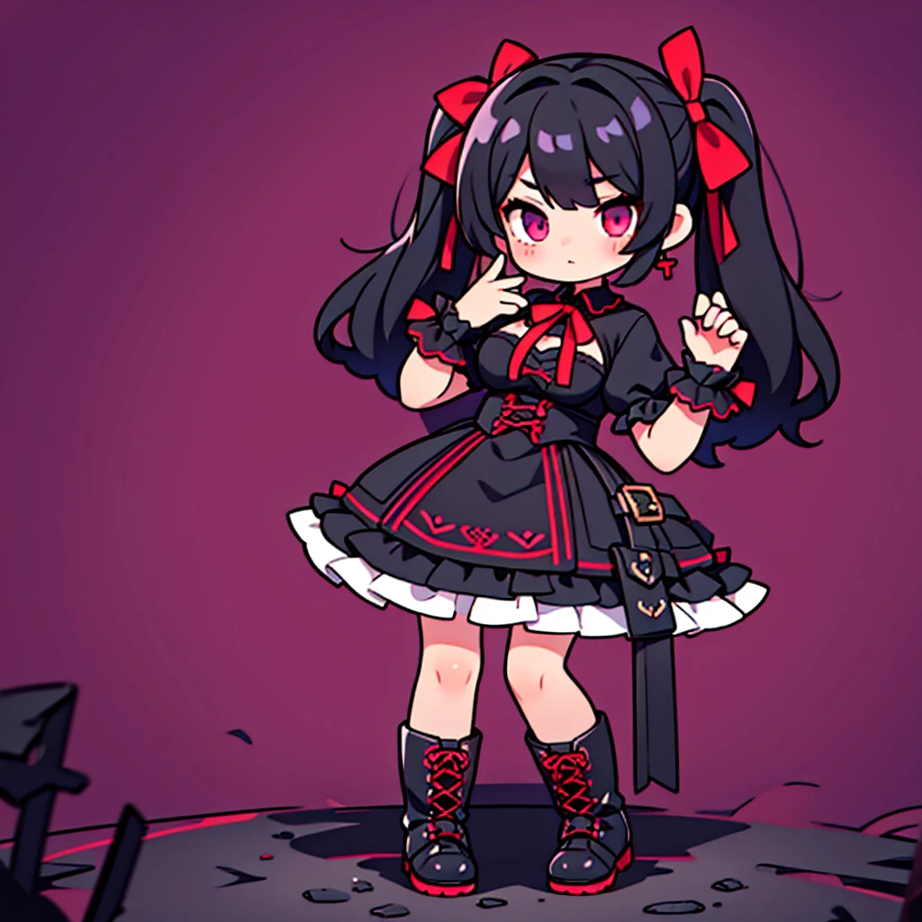One girl、Large Breasts、Black Hair、Long twin tails、young、High resolution、Red and purple odd eyes、Gothic ta、Red ribbon、Handguns in both hands、Black boots、mini skirt、