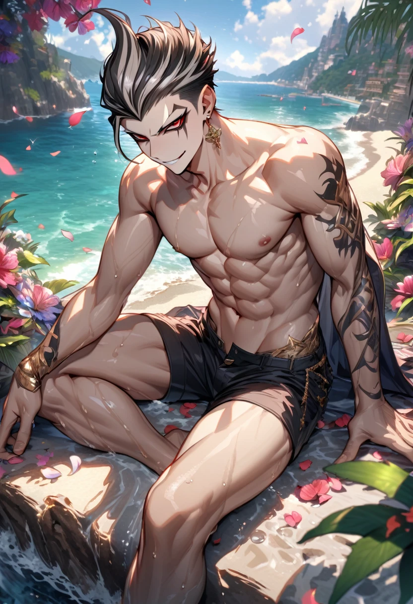 Ultra detailed, HDR, Highres, absurdres, master piece, Tanaka Gundham, black hair, expressive red eyes, without shirt, bare chest, toned chest, Danganropa, sexy man sitting, handsome, flowers, petals, fantasy, magical, green leaves, handsome, best quality, glittering, sensual, horny, water, beach, solo, handsome smile, black shorts