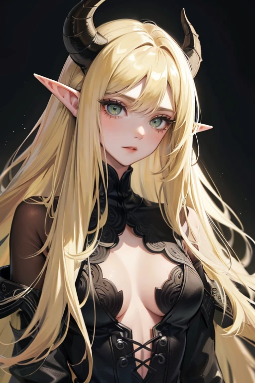 )a thin woman with long blonde hair, woman has green eyes, black sexy emo outfit, demon ram horns, elf ears) best quality, adorable, ultra-detailed, illustration, complex, detailed, extremely detailed, detailed face, soft light, soft focus, perfect face. illustration:full body