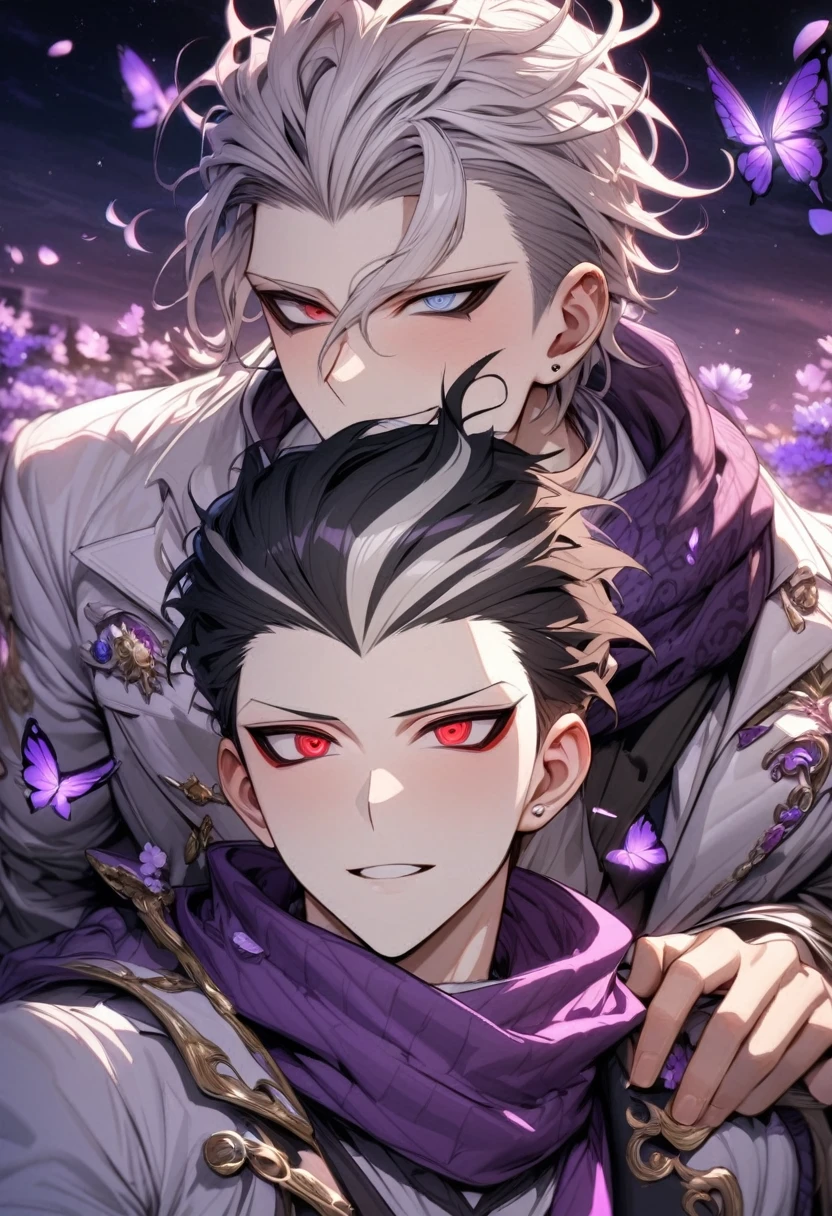 absurdres, highres, ultra detailed, HDR, master piece, best quality, extremely detailed, Tanaka Gundham, black hair, expressive red eyes, Danganronpa, Krozerus, white hair, messy hair, expressive blue eyes, two sexy men together, yaoi, gay couple, handsome, handsome smile, purple scarf, black coat, white T-shirt, white coat, magical, shining, purple flowers, blossoms, water, purple petals, purple butterflies, sparkling, purple moon, starry sky