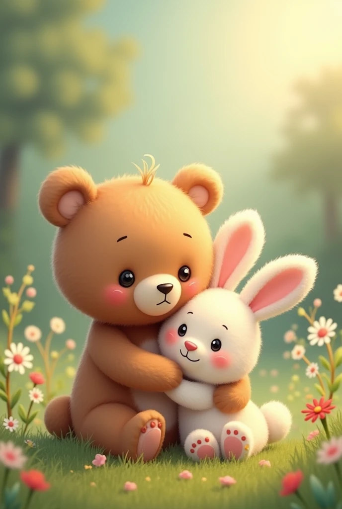 A little bear with a little bunny, include the text My little bear