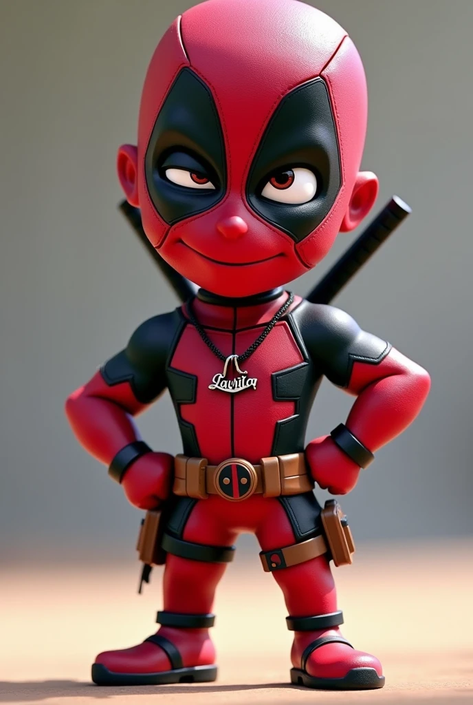 Create a cute animated Deadpool figure that has a necklace that says: Laurita