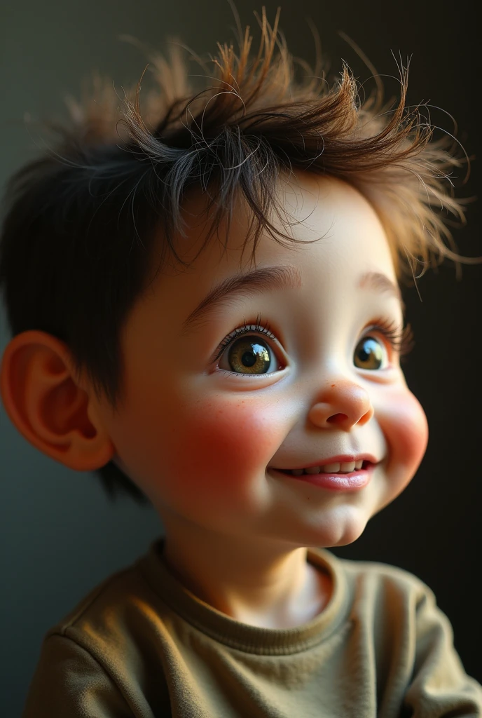 A diminutive figure with a disproportionately large head, their facial features endearing and expressive. A photograph captures this charming, unique individual in a moment of contemplation, their eyes filled with a sense of wonder. The sharp clarity of the image brings out every intricate detail, from the freckles on their cheeks to the unruly tufts of hair atop their head. The lighting in the photograph is expertly done, casting a warm, soft glow that highlights the person's gentle smile. This image is a masterpiece of emotion and character, inviting viewers to connect with the subject on a deeply personal level.