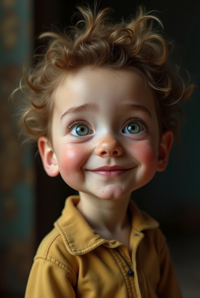 A diminutive figure with a disproportionately large head, their facial features endearing and expressive. A photograph captures this charming, unique individual in a moment of contemplation, their eyes filled with a sense of wonder. The sharp clarity of the image brings out every intricate detail, from the freckles on their cheeks to the unruly tufts of hair atop their head. The lighting in the photograph is expertly done, casting a warm, soft glow that highlights the person's gentle smile. This image is a masterpiece of emotion and character, inviting viewers to connect with the subject on a deeply personal level.