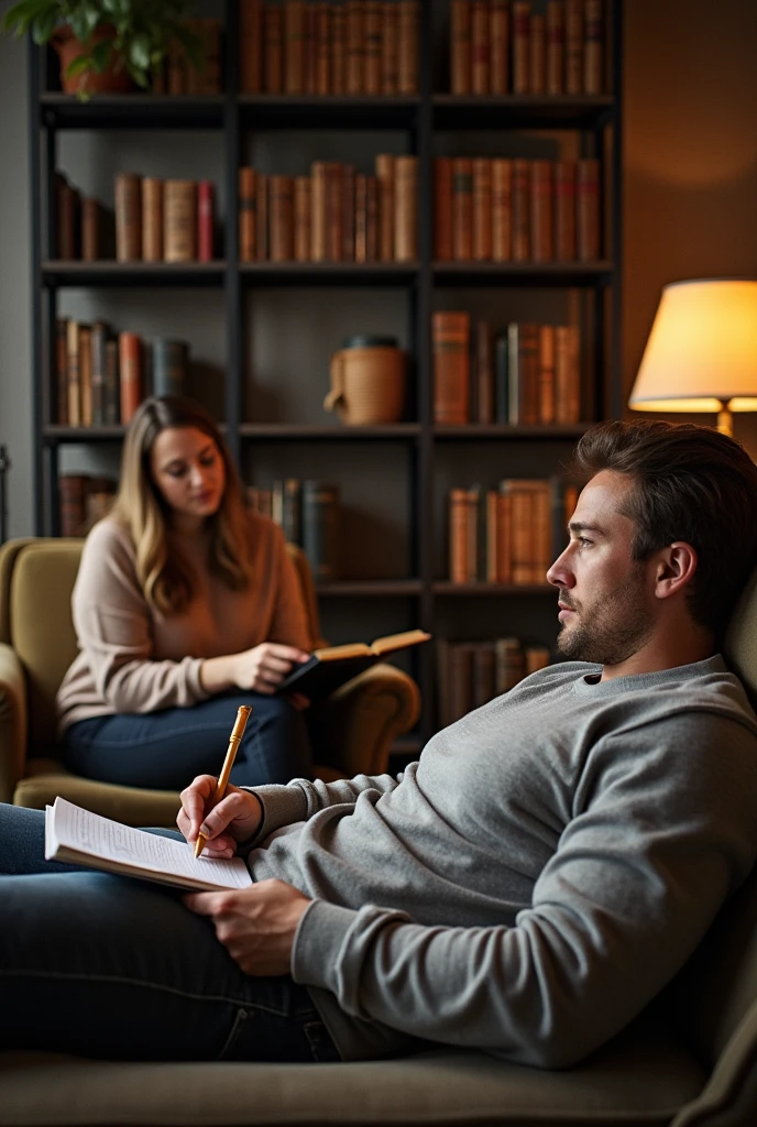 a person lying on a couch, with another person sitting in another armchair writing in a notebook in a room with books