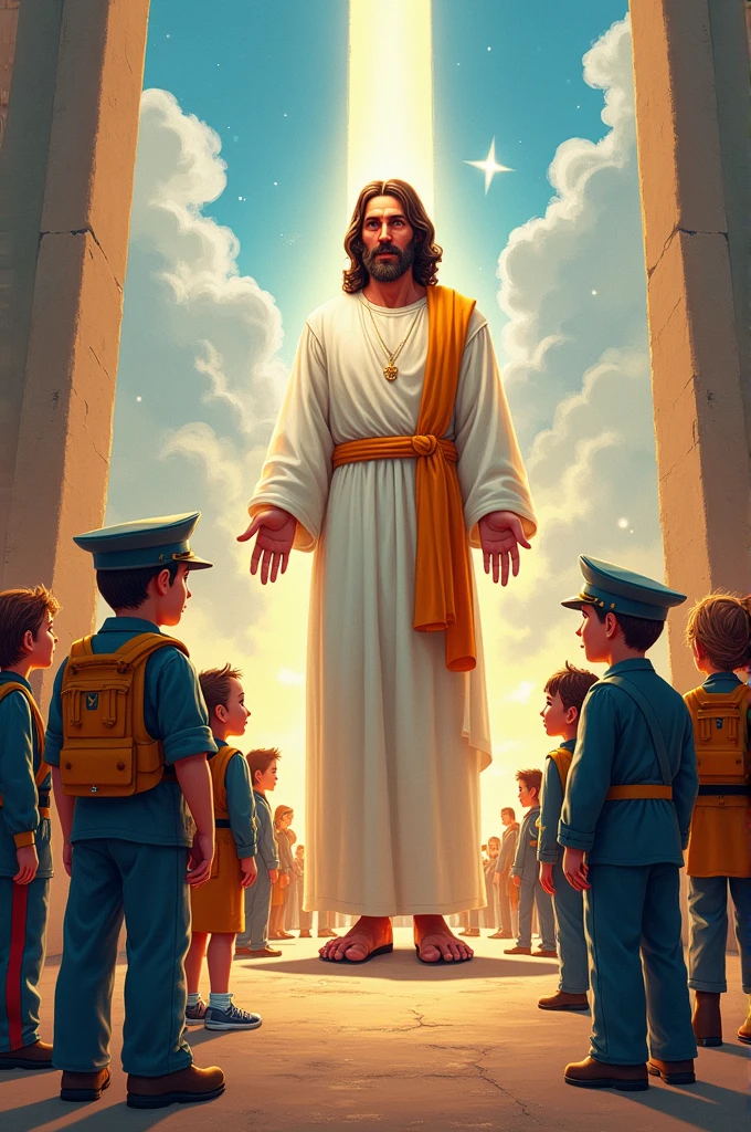 Drawing of children's images of military navy army and firefighters next to jesus in 3d