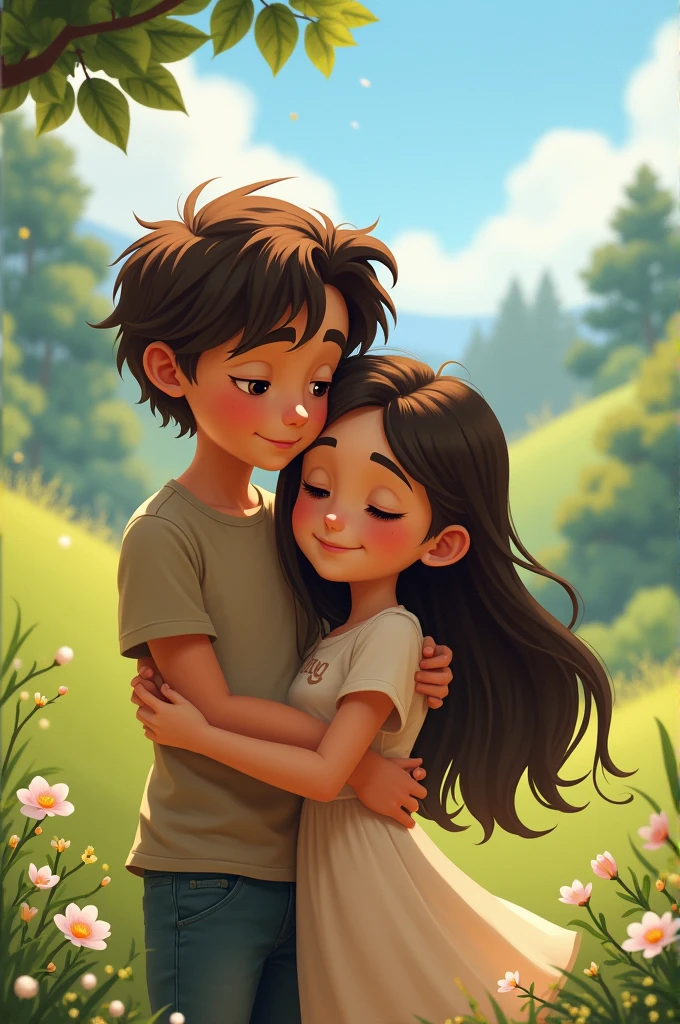 Teenage girl and boy in the park hugging best friends