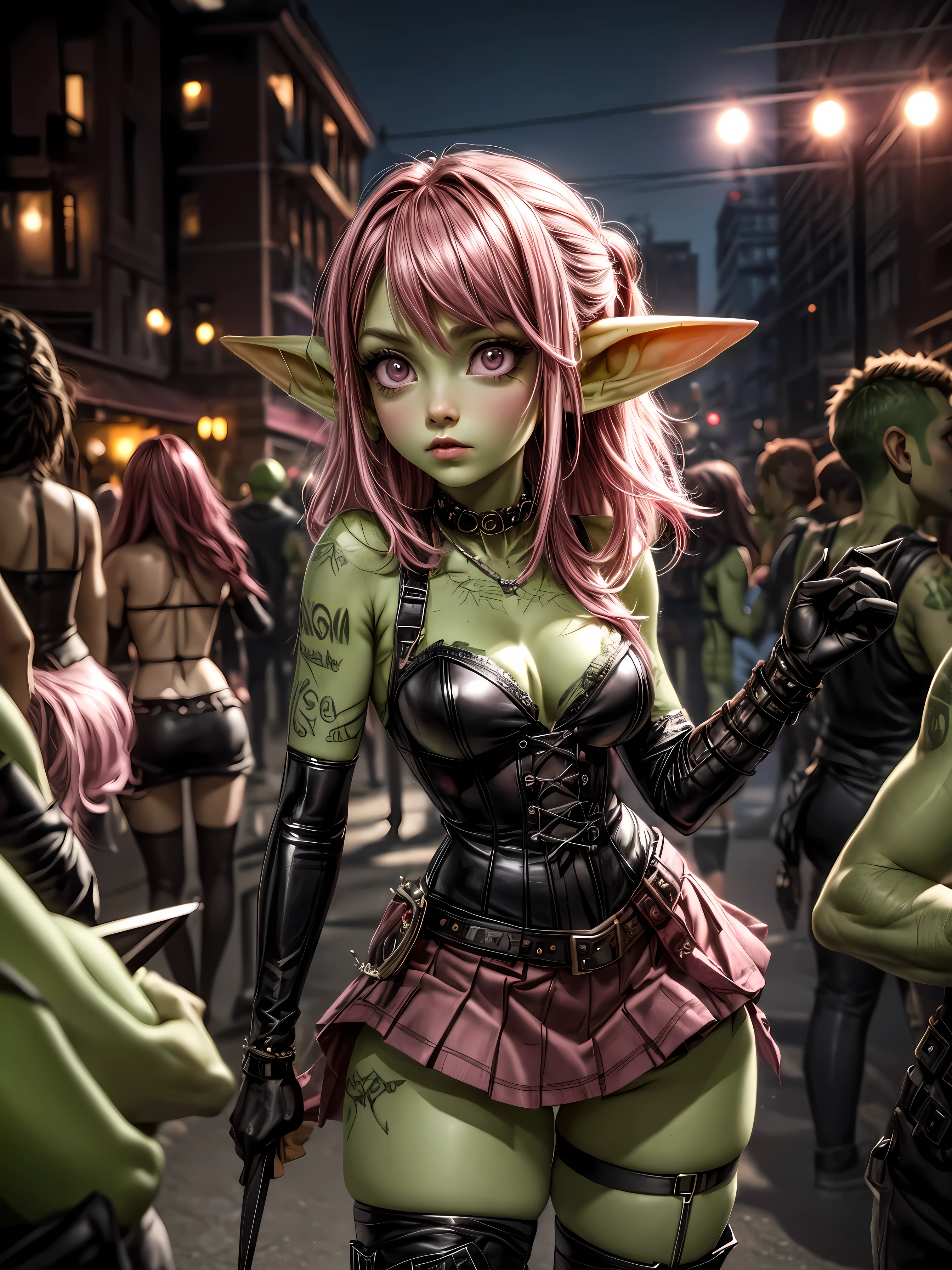 absurd resolution, ((best quality)), ((masterpiece)), (very detailed), 4k, goblin girl, hardcore punk rocker, pink hair, brown eyes, pink tank top, wearing microskirt, wearing chains, pink eye makeup, ripped fishnets, ((green skin)), small pointy ears, thigh boots, standing outside of a punk club, signing autographs for a crowd of fans, looking at viewer, holding pen and notepad, surrounded by adoring fans