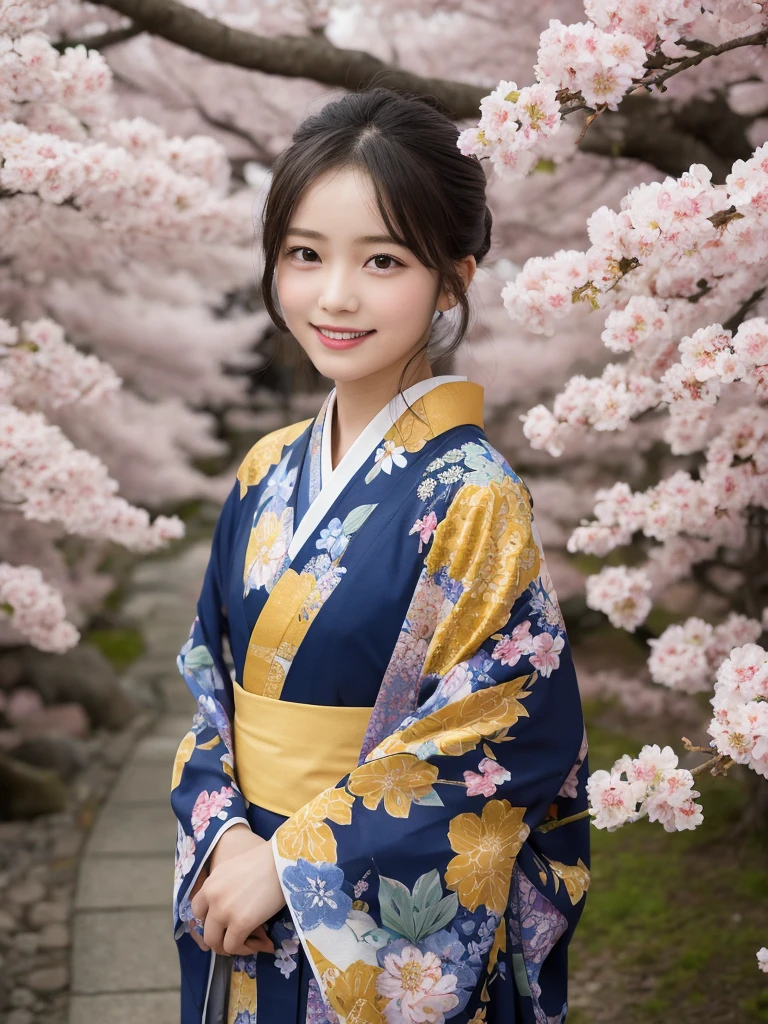  1girl, 12 years old, cute and beautiful, solo, highres, best_quality, masterpiece, detailed_background, intricate_details, beautiful, kyoto, philosopher's_path, cherry_blossoms, spring, traditional_clothes, kimono, peaceful, smile, looking_at_viewer, dynamic_pose, natural_pose, candid, happy