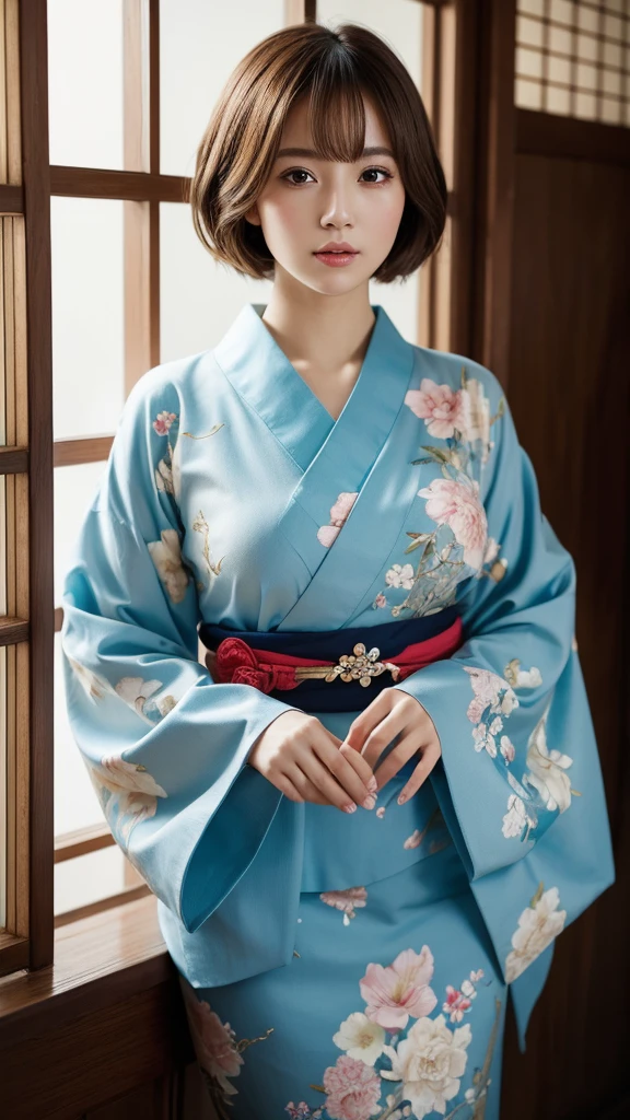 Top Quality, Masterpiece, High Definition, 1girl, Beautiful and Perfect Face, Bob Cut, Japanese Clothing,Kimono, Intricate Details, Cinematic Feel, 8K, Very Detailed