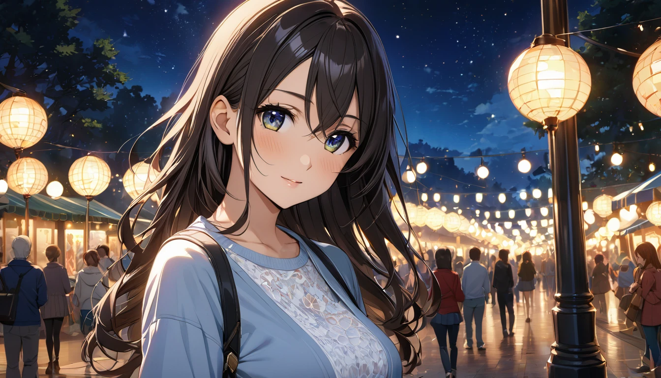 glittering lights, work of art, ultra detaild, Definition of 8k, Moonlight, beautiful  face, 1 girl, Chizuru Ichinose , casual clothes, women&#39;s shoulder bag, slightly slouched posture, closed mouth smile slim body, Fine body, ideal body, tears in the eyes, blush cheeks, shy face, Tokyo city, people passing on the street, アニメ, chestnut hair, eyes browns, アニメ, long hair