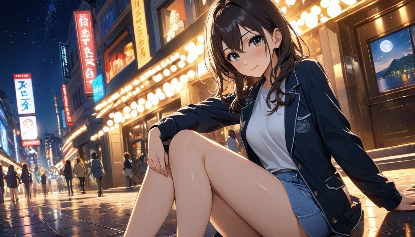 glittering lights, work of art, ultra detaild, Definition of 8k, Moonlight, beautiful  face, 1 girl, Chizuru Ichinose , casual clothes, women&#39;s shoulder bag, slightly slouched posture, closed mouth smile slim body, Fine body, ideal body, tears in the eyes, blush cheeks, shy face, Tokyo city, people passing on the street, アニメ, chestnut hair, eyes browns, アニメ, long hair