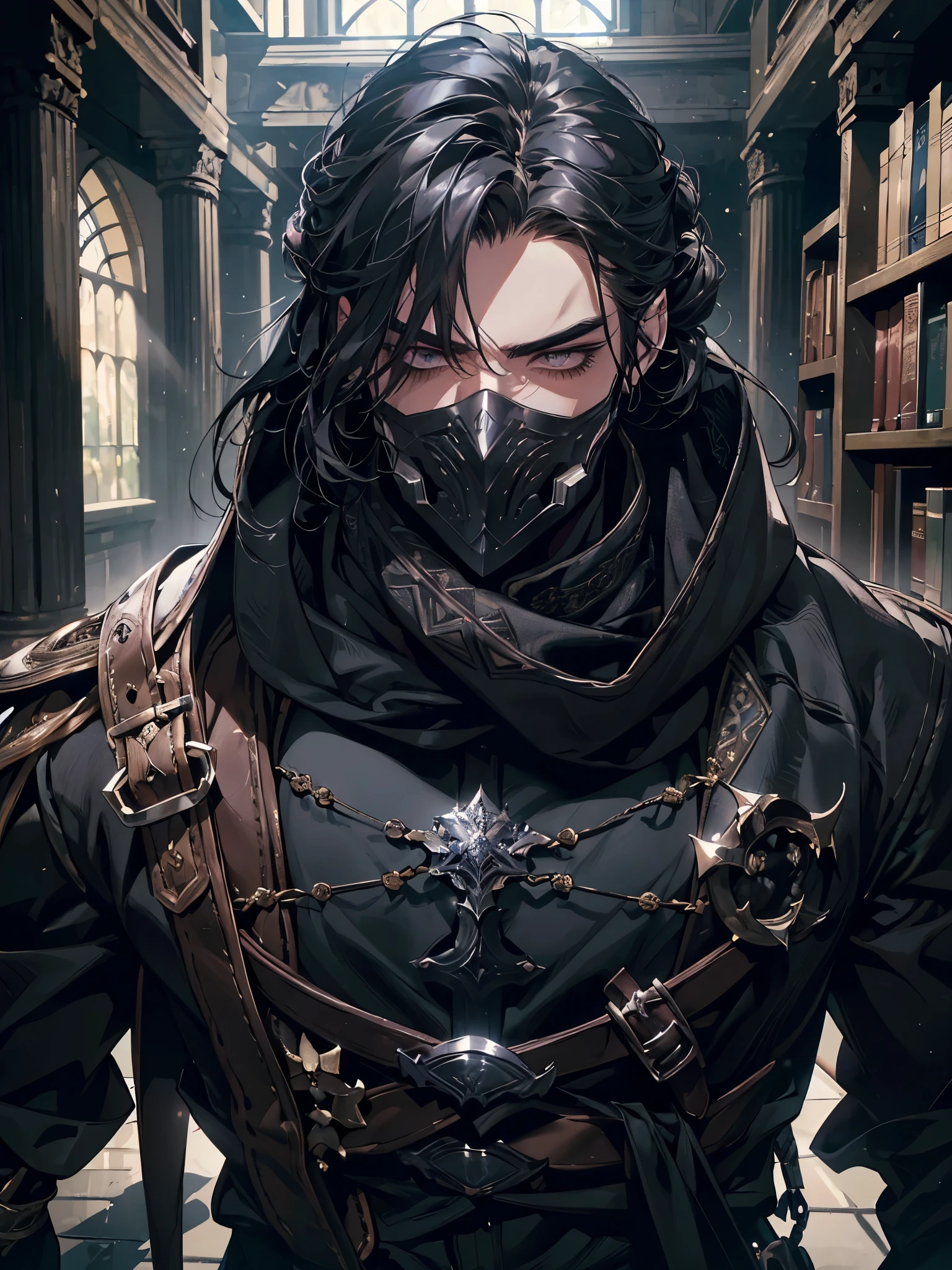 (masterpiece, high quality, cinematic lighting, backlighting, sharp colors)
Tall muscular young man, black hair tied in a bun, dark eyes, compact muscles. Face hidden by a full iron mask, expressionless. Wears medieval robe, leather shirt and pants, armor plates on vital areas. Dark crime scene background, shadowy atmosphere.