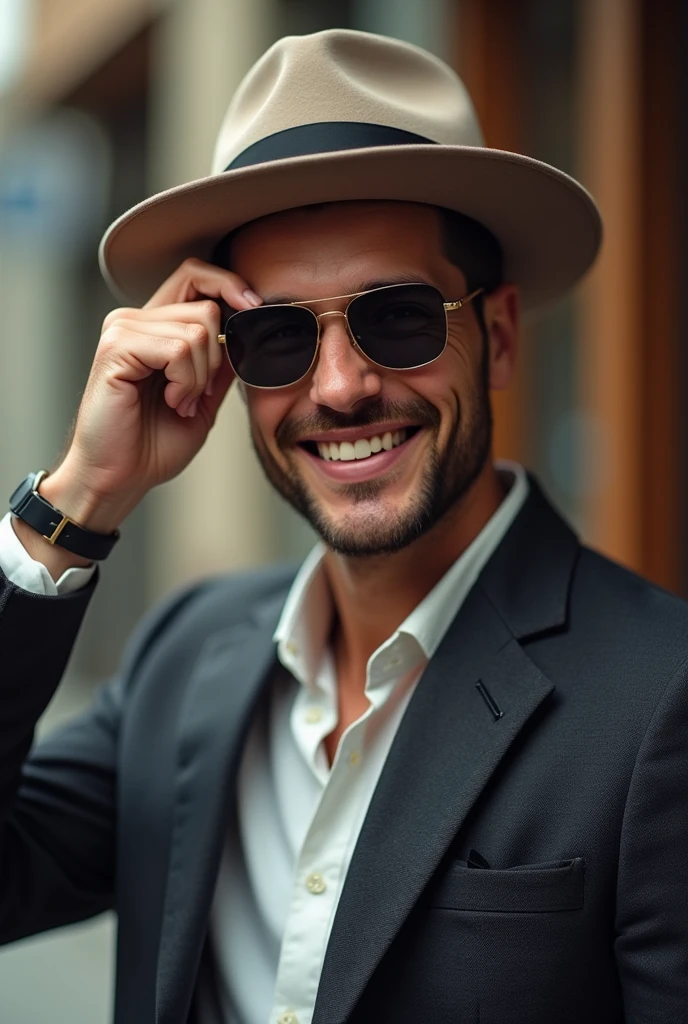 Guy smiling with sun glasses with his hand on his hat tilting it towards the camera as if nodding with it
