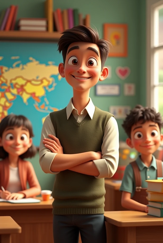 Create Disney Pixar photo of male teacher with short dark and brunette hair